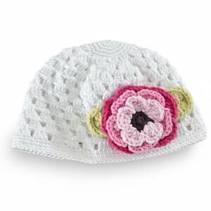 Hand Crocheted Toddler Hat 1–2 Years White Floral Handmade